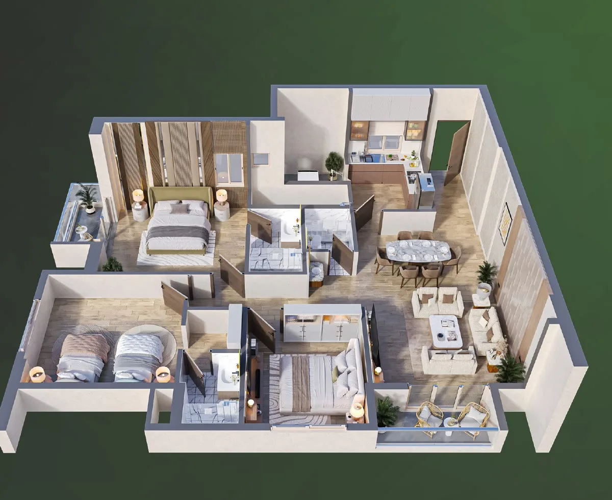 Isometric plan of the 3 BHK residence