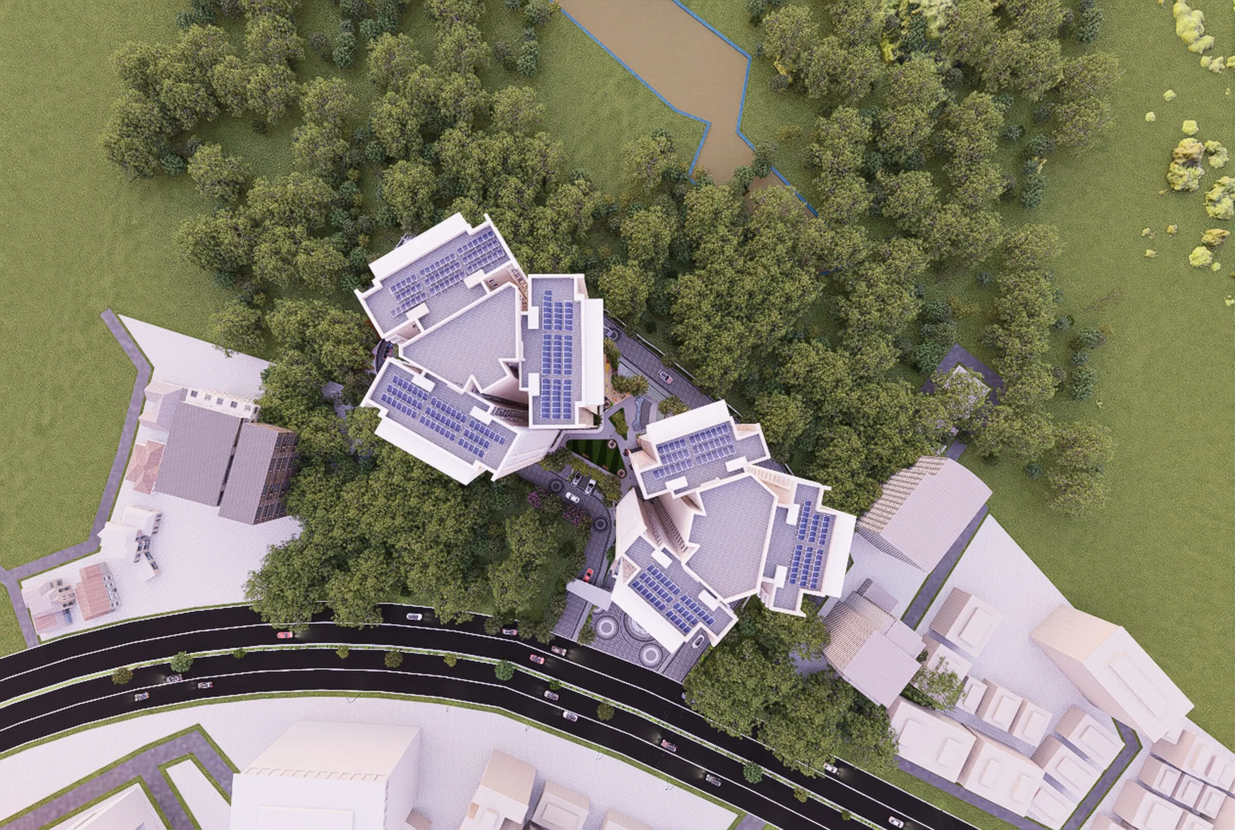 Aerial view of the Vumee Amrapalli development showing the twin towers, podium and surrounding Kalarahanga neighbourhood
