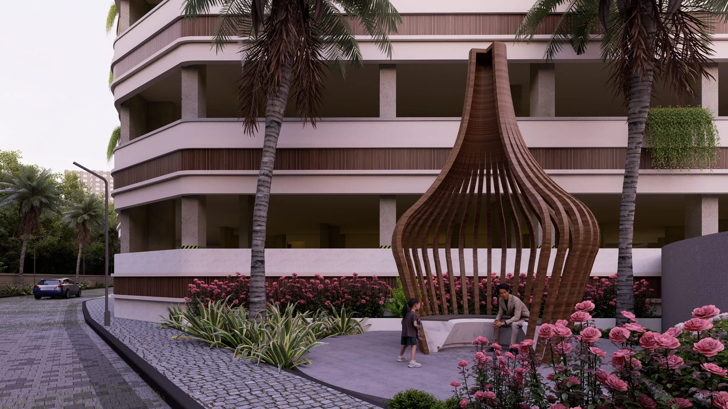 Wooden landscape pavilion surrounded by flowering gardens